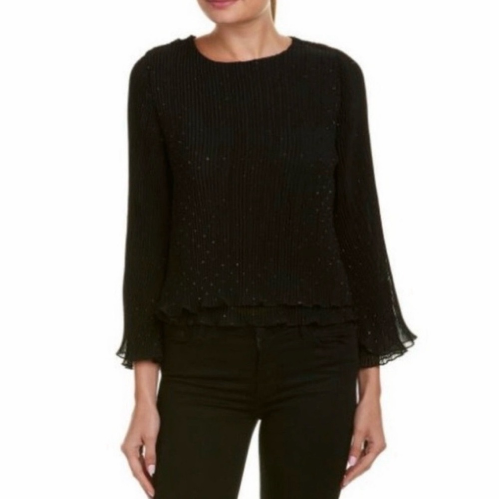 $90 NWT BB Dakota Small Pleated Long Sleeve Black Metallic Blouse Back Keyhole